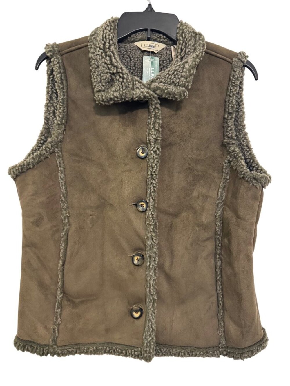 L.L. Bean Womens Medium Camel Sherpa Lined Suede Vest Button Front Outdoor